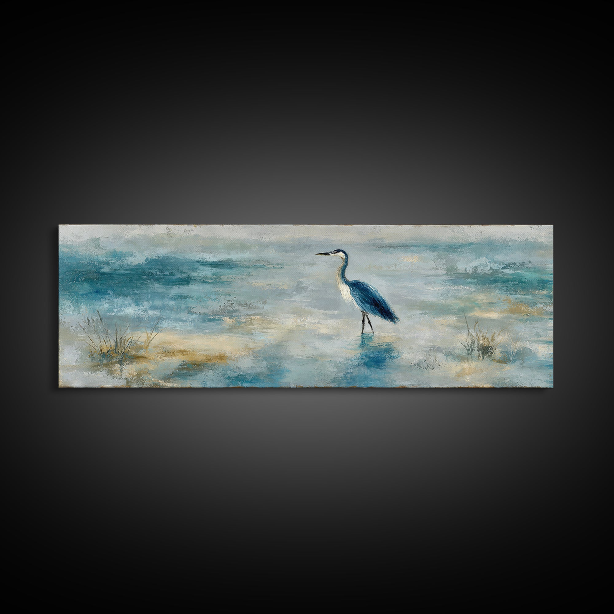 Blue Heron in Quiet Marsh Canvas Print, Waiting Room Art, Home Decor, Waiting Room Decor, Fine Art, Calm, Modern Art, WRA-3x1-76
