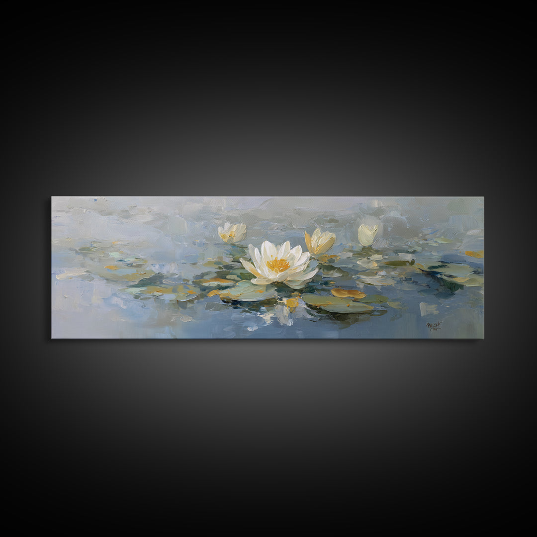 Lotus Flower on Still Water Framed Canvas Print, Waiting Room Art, Wall Sculpture, Waiting Room Decor, Watercolor Art, Calm, WRA-3x1-79