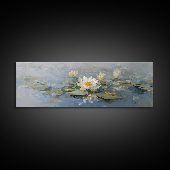 Lotus Flower on Still Water Framed Canvas Print, Waiting Room Art, Wall Sculpture, Waiting Room Decor, Watercolor Art, Calm, WRA-3x1-79