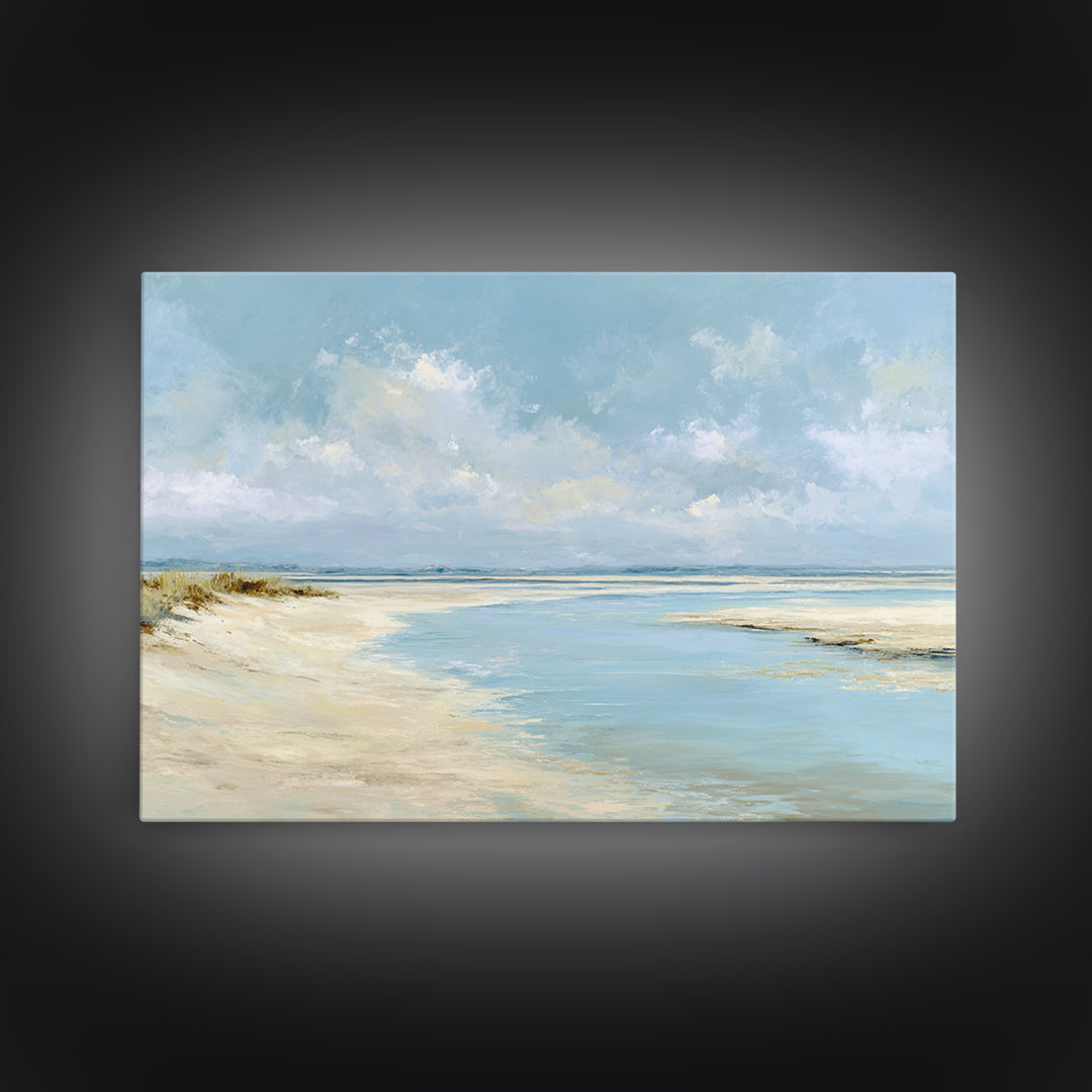 Coastal Horizon with Pale Sand and Water Framed Canvas Print, Waiting Room Art, Minimalist Wall Art, Waiting Room Decor, Calm, WRA-3x2-13