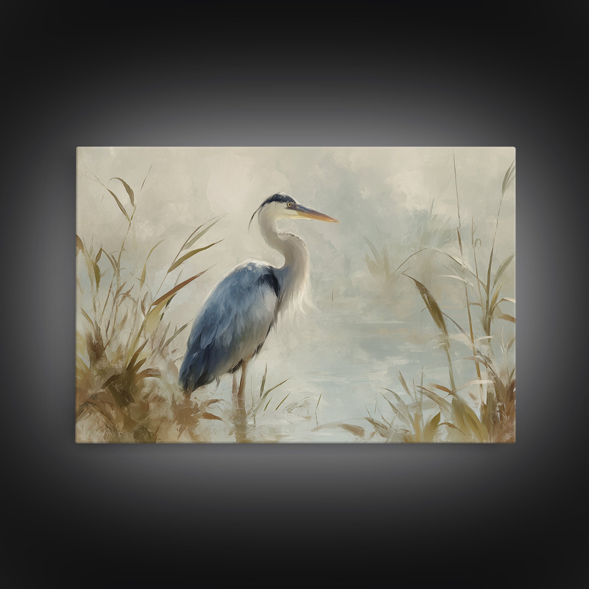 Blue Heron in Quiet Marsh Canvas Print, Waiting Room Art, Modern Art, Waiting Room Decor, Watercolor Art, Calm, WRA-3x2-16