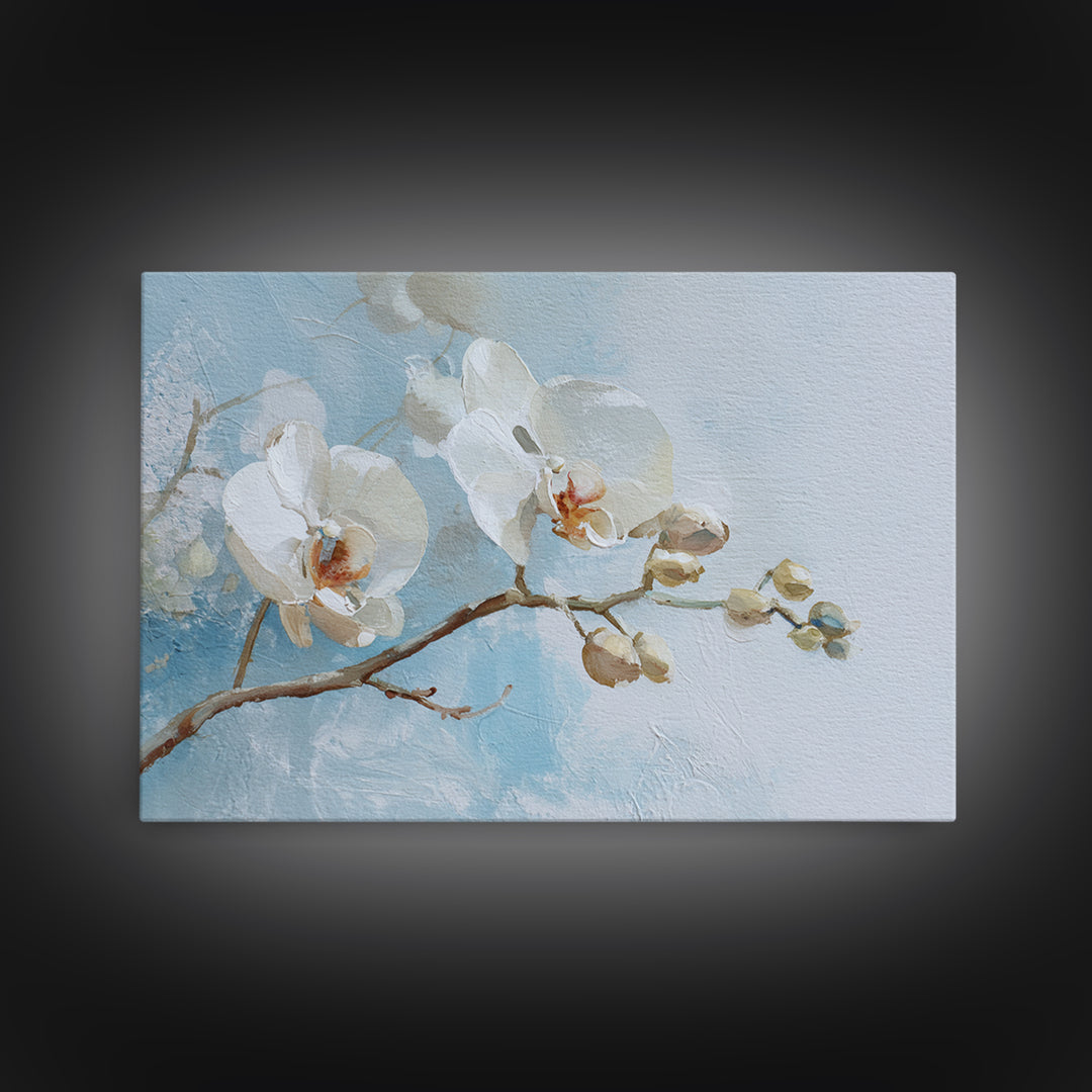 White Orchid on Light Gray Ground Framed Canvas Print, Waiting Room Art, Dental Office Decor, Waiting Room Decor, Calm, WRA-3x2-35
