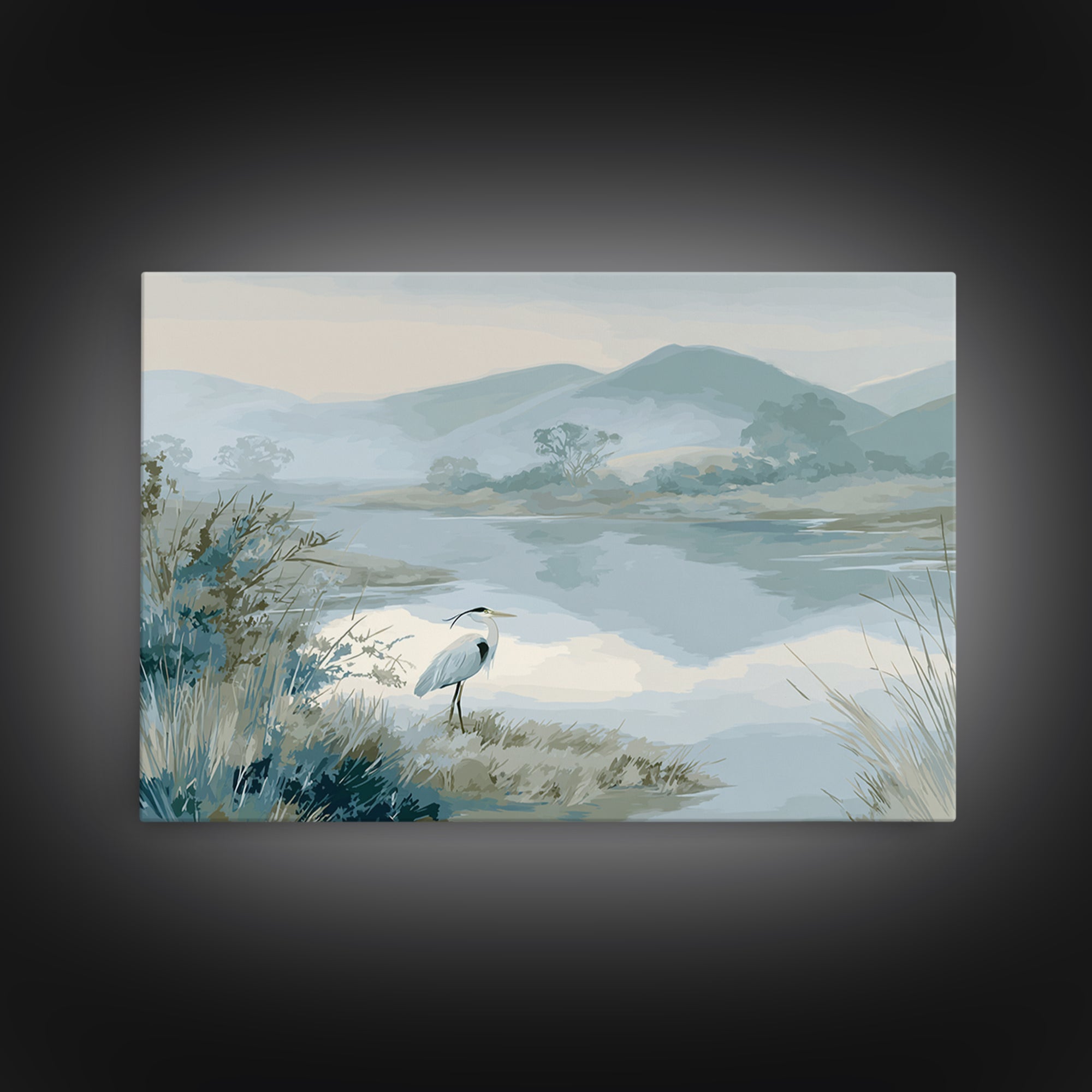 Blue Heron in Quiet Marsh Framed Canvas Print, Waiting Room Art, Landscape, Waiting Room Decor, Oil Painting, Calm, WRA-3x2-40