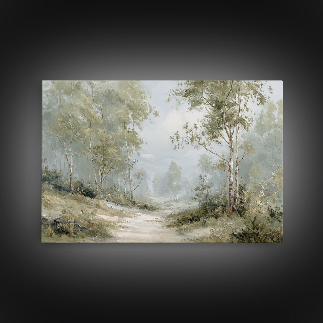 Misty Forest Path Framed Canvas Print, Waiting Room Art, Wall Sculpture, Waiting Room Decor, Oil Painting, Calm, Dog Wall Art, WRA-3x2-63