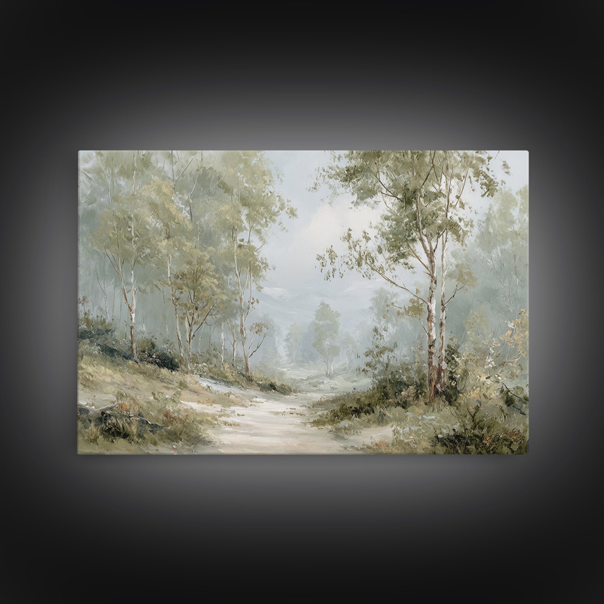 Misty Forest Path Framed Canvas Print, Waiting Room Art, Wall Sculpture, Waiting Room Decor, Oil Painting, Calm, Dog Wall Art, WRA-3x2-63