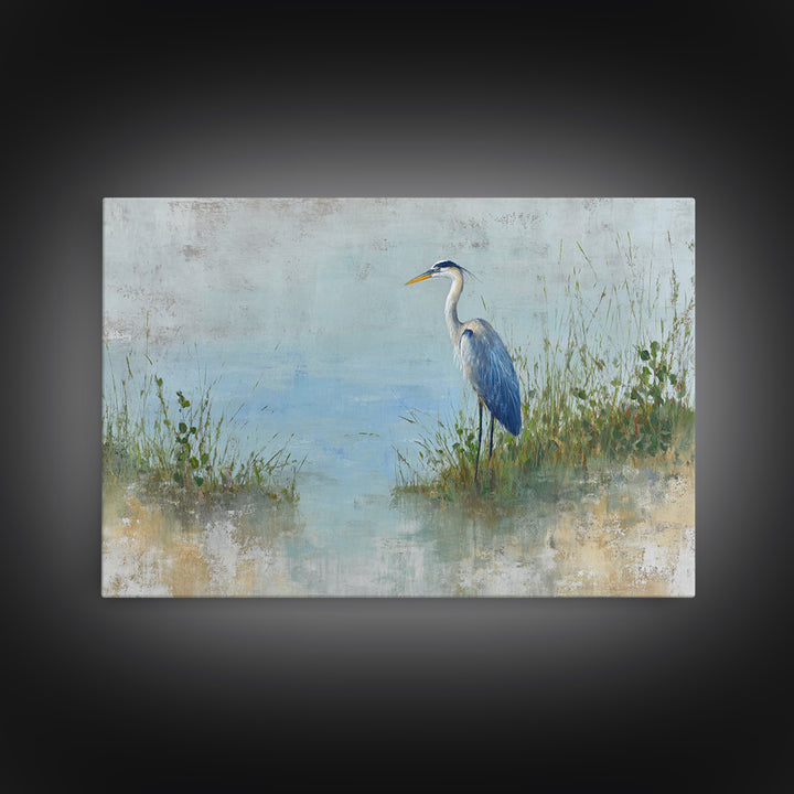 Blue Heron in Quiet Marsh Framed Canvas Print, Waiting Room Art, Gallery Decor, Waiting Room Decor, Abstract Art, Calm, WRA-3x2-64