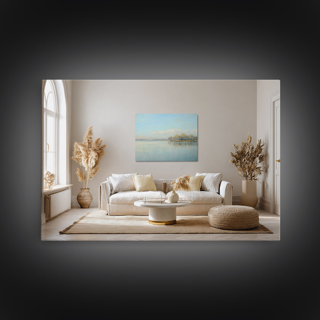 Peaceful Lake Reflection at Dawn Framed Canvas Print, Waiting Room Art, Living Room Wall Art, Waiting Room Decor, Calm, WRA-3x2-8
