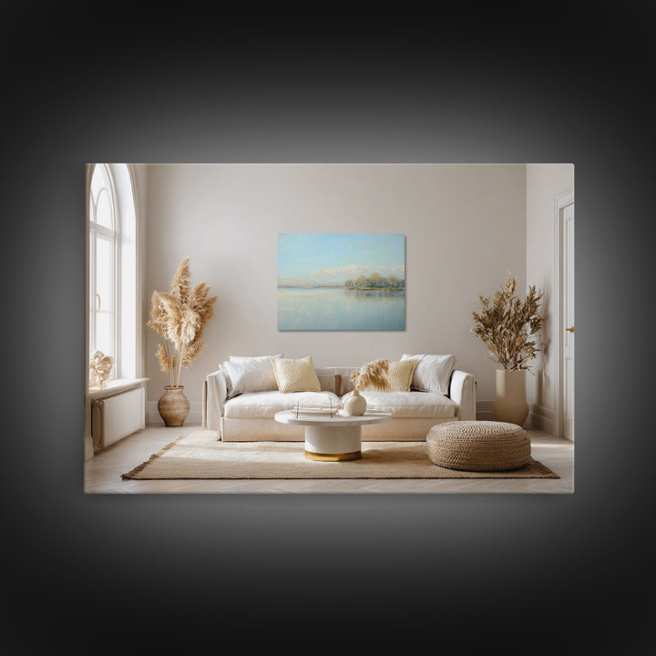 Peaceful Lake Reflection at Dawn Framed Canvas Print, Waiting Room Art, Living Room Wall Art, Waiting Room Decor, Calm, WRA-3x2-8