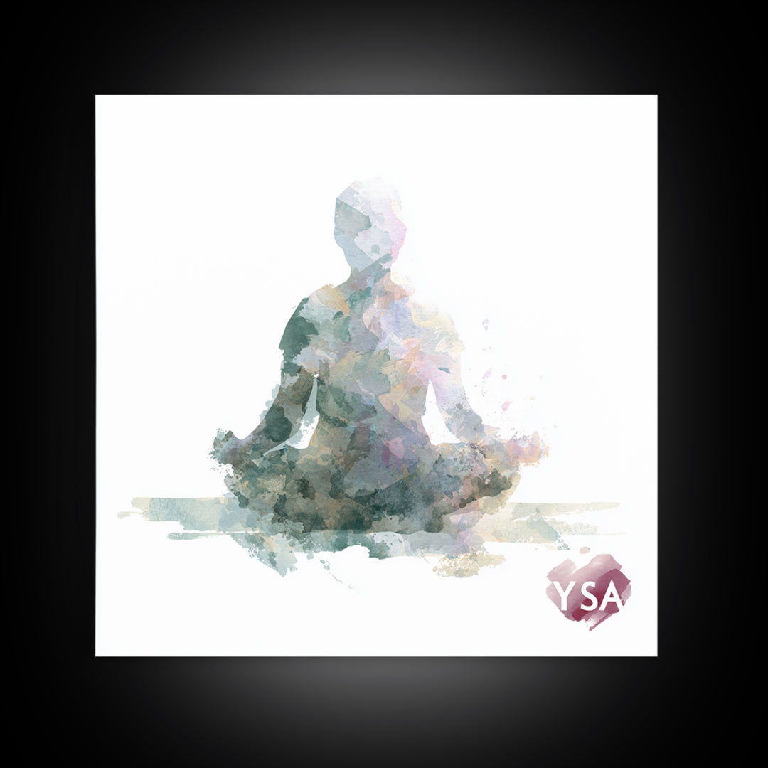 Soft Watercolor Aura Around Seated Figure Canvas Print, Yoga Studio Art, Living Room Wall Art, Yoga Studio Decor, Balance, YSA-1x1-23