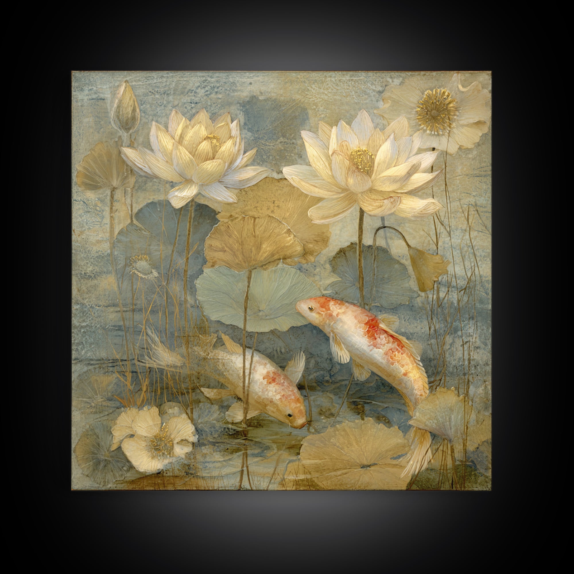 Lotus and Koi Water Scene Framed Canvas Print, Yoga Studio Art, Minimalist Art, Yoga Studio Decor, Fine Art, Balance, YSA-1x1-46