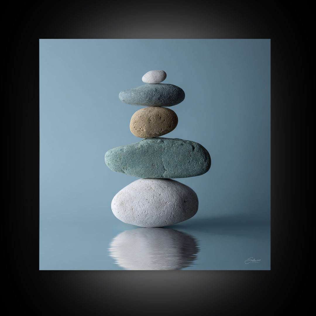 Balanced Stones Beside Calm Water Framed Canvas Print, Yoga Studio Art, Art Nouveau Decor, Yoga Studio Decor, Fine Art, Balance, YSA-1x1-52