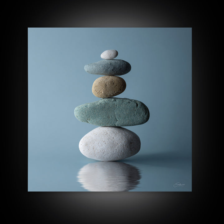 Balanced Stones Beside Calm Water Framed Canvas Print, Yoga Studio Art, Art Nouveau Decor, Yoga Studio Decor, Fine Art, Balance, YSA-1x1-52