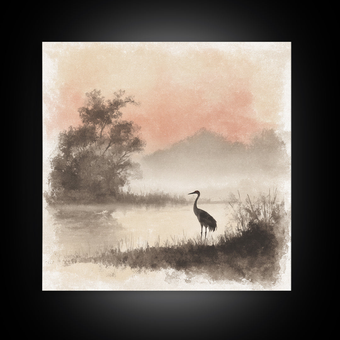White Crane in Misty Morning Framed Canvas Print, Yoga Studio Art, Gym Art, Yoga Studio Decor, Balance, Minimalist Decor, YSA-1x1-63