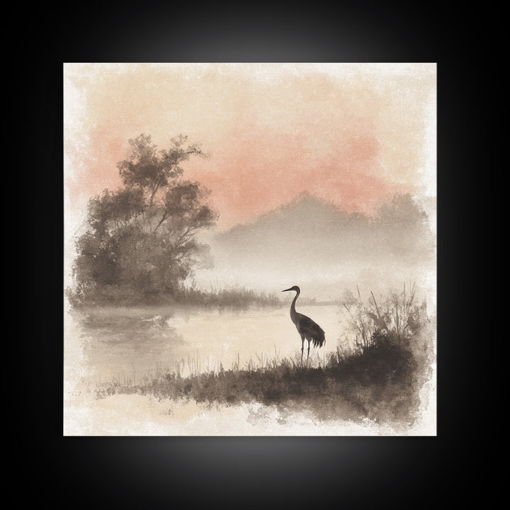 White Crane in Misty Morning Framed Canvas Print, Yoga Studio Art, Gym Art, Yoga Studio Decor, Balance, Minimalist Decor, YSA-1x1-63