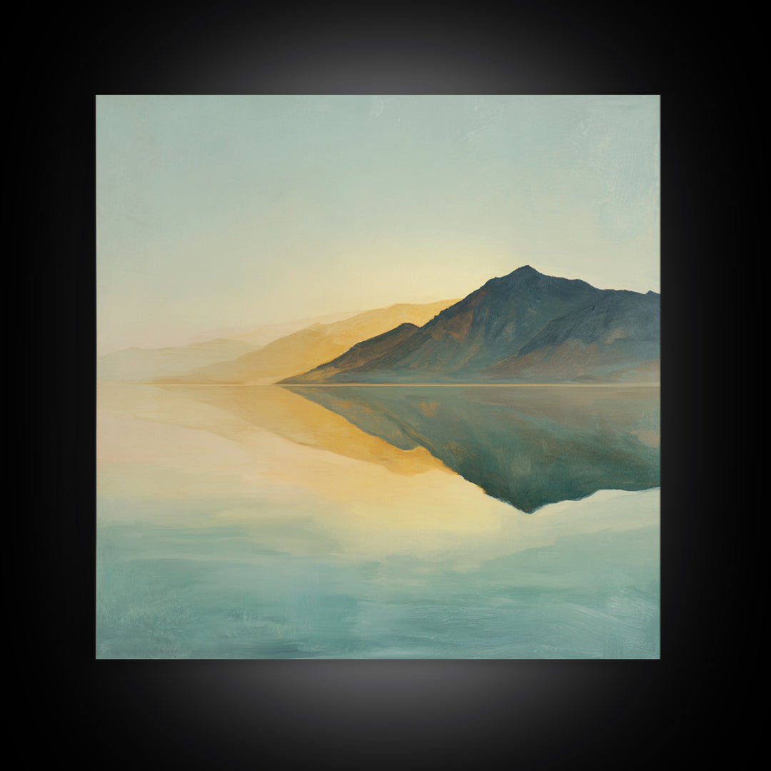 Sunrise Mountain Lake Reflection Framed Canvas Print, Yoga Studio Art, Boho Art, Yoga Studio Decor, Oil Painting, Balance, YSA-1x1-68