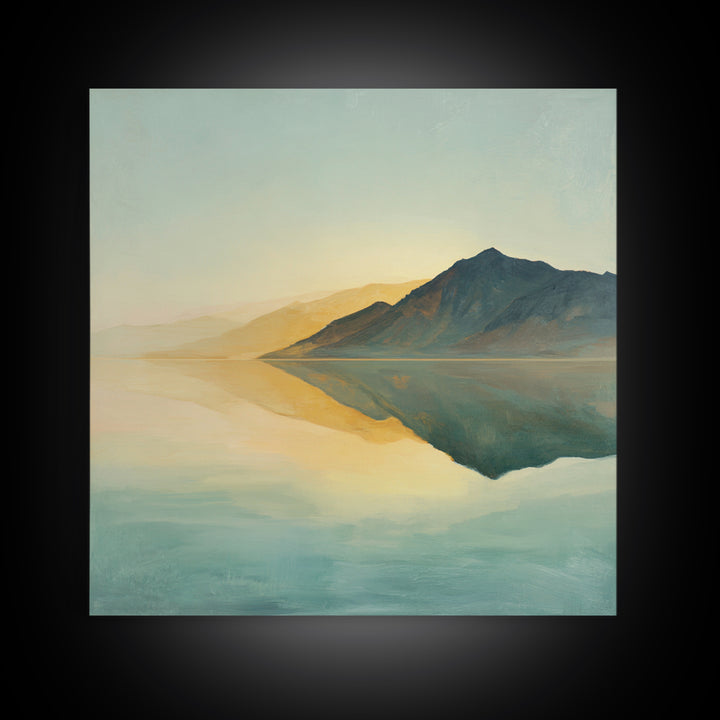 Sunrise Mountain Lake Reflection Framed Canvas Print, Yoga Studio Art, Boho Art, Yoga Studio Decor, Oil Painting, Balance, YSA-1x1-68
