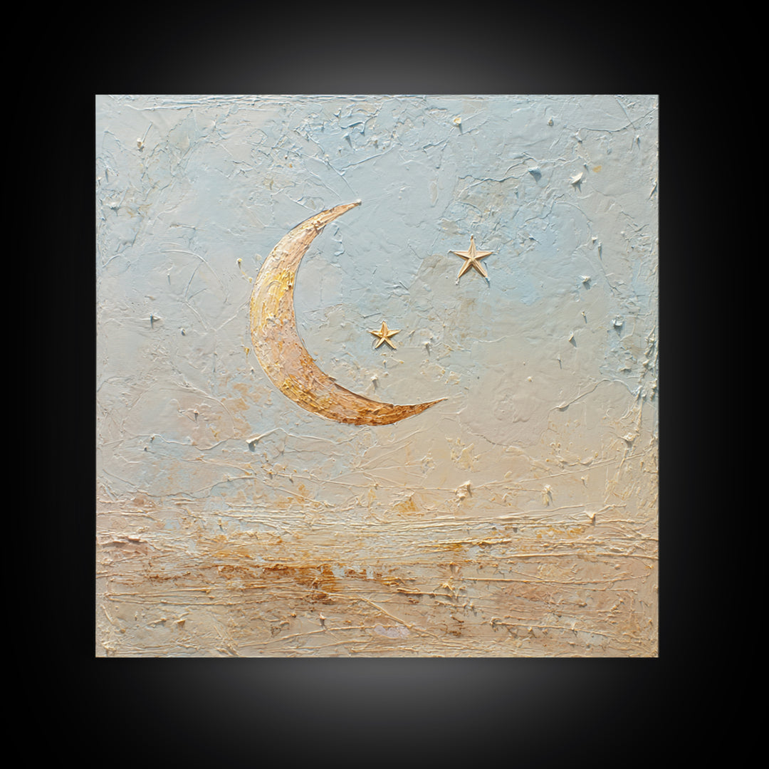 Crescent Moon and Stars Canvas Print, Yoga Studio Art, Southwest Decor, Yoga Studio Decor, Fine Art, Balance, Textured Painting, YSA-1x1-90