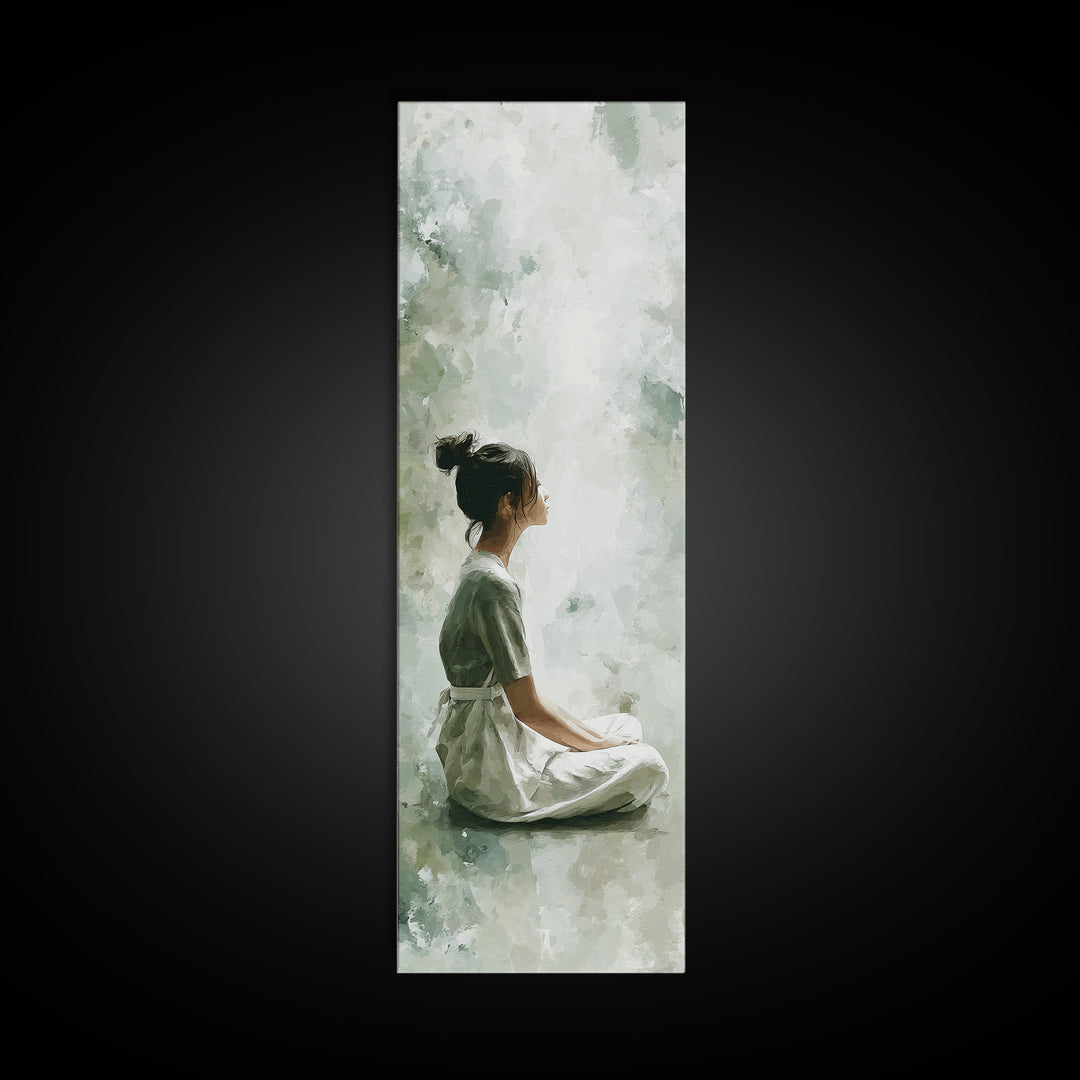 Soft Watercolor Aura Around Seated Figure Framed Canvas Print, Yoga Studio Art, Mandala Wall Art, Yoga Studio Decor, Balance, YSA-1x3-83
