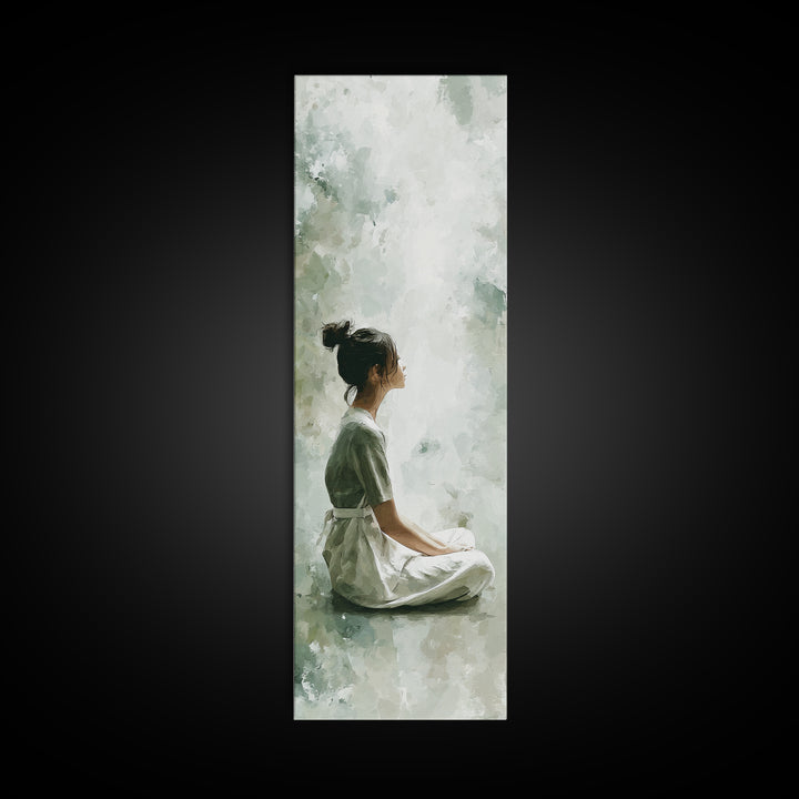 Soft Watercolor Aura Around Seated Figure Framed Canvas Print, Yoga Studio Art, Mandala Wall Art, Yoga Studio Decor, Balance, YSA-1x3-83