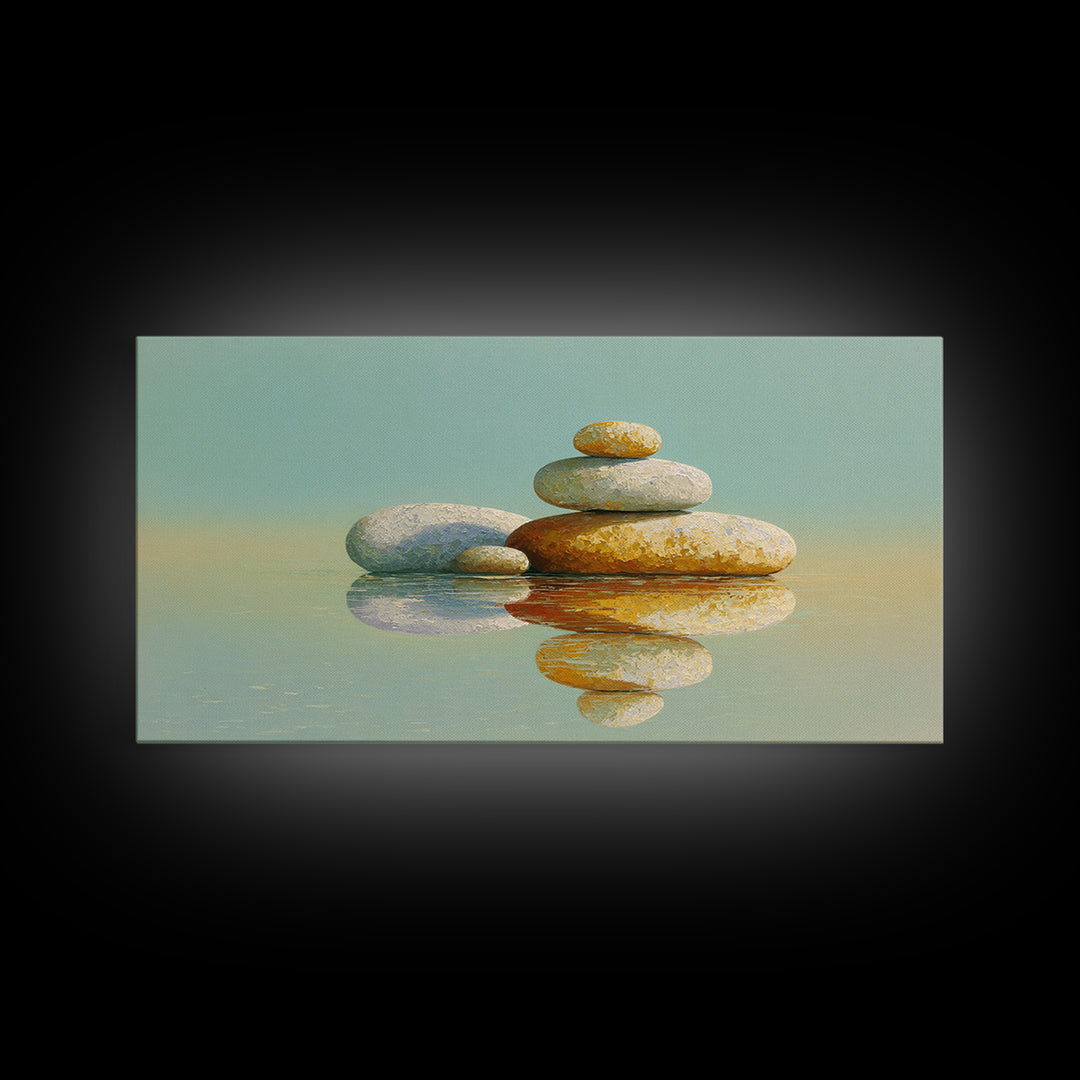 Balanced Stones Beside Calm Water Framed Canvas Print, Yoga Studio Art, Living Room Wall Art, Yoga Studio Decor, Balance, YSA-2x1-72