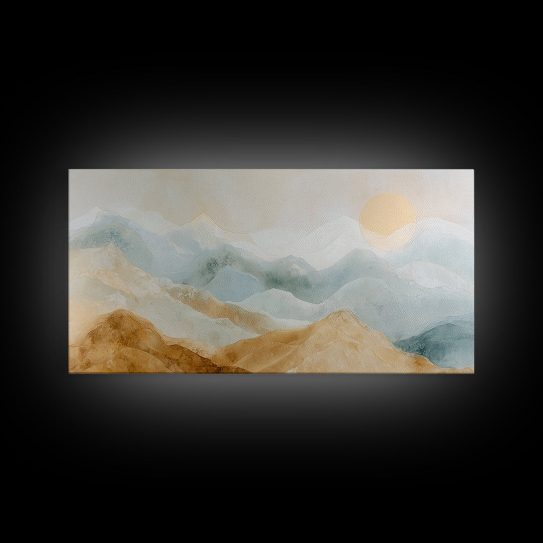 Moon Phase Arc Above Mountain Silhouette Framed Canvas Print, Yoga Studio Art, Metal Wall Decor, Yoga Studio Decor, Balance, YSA-2x1-97