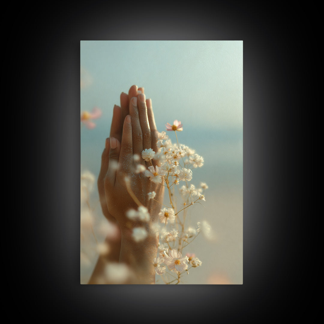 Yoga Hands in Prayer with Small Flowers Framed Canvas Print, Yoga Studio Art, Yoga Studio Decor, Watercolor Art, Balance, YSA-2x3-19