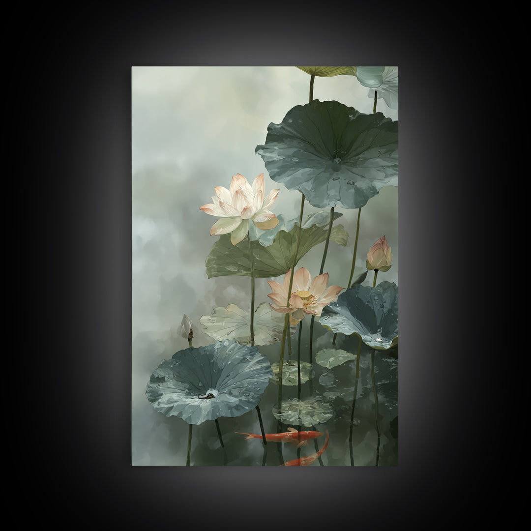 Lotus and Koi Water Scene Framed Canvas Print, Yoga Studio Art, Boho Decor, Yoga Studio Decor, Balance, Bookshelf Decor, YSA-2x3-30