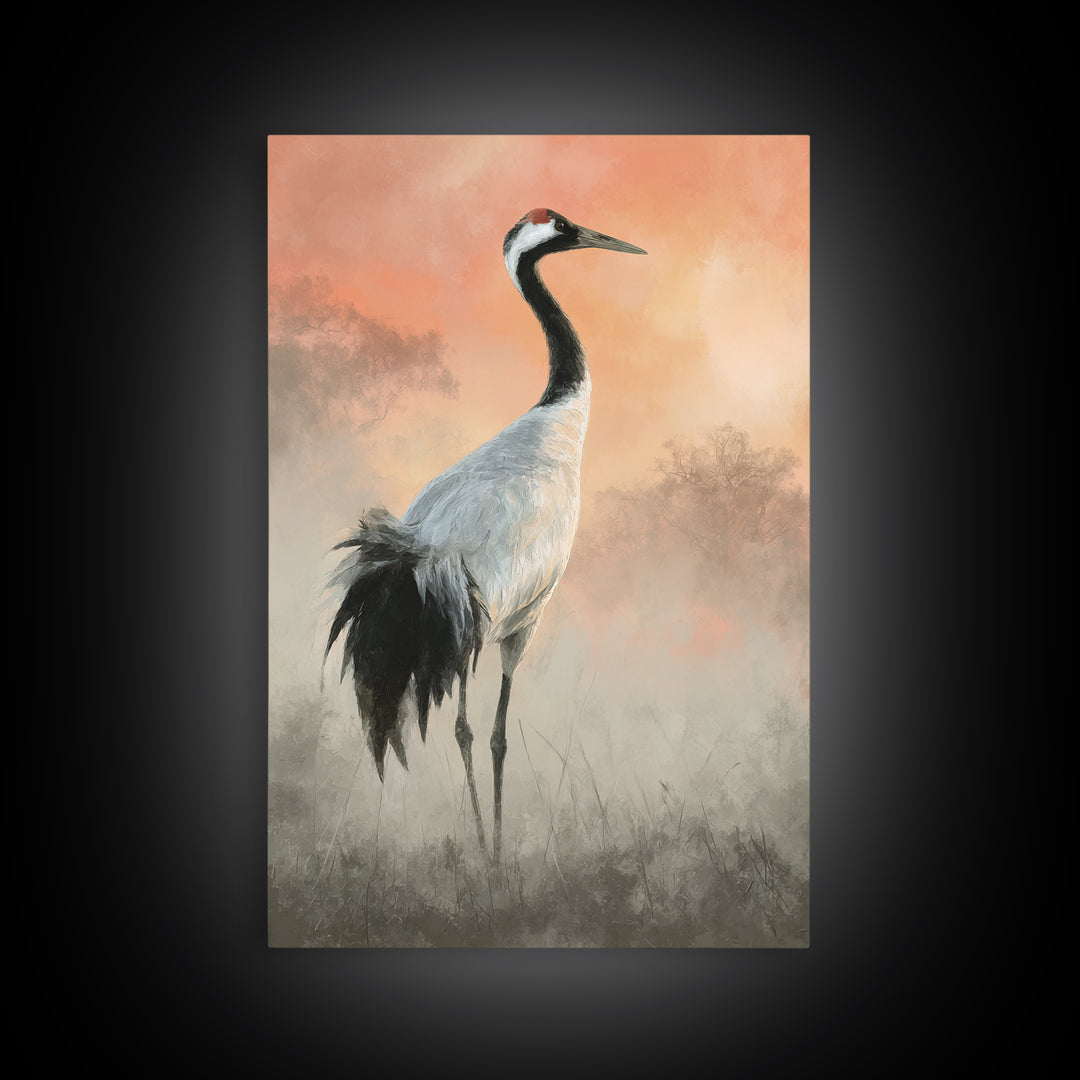 White Crane in Misty Morning Canvas Print, Yoga Studio Art, Mandala Wall Art, Yoga Studio Decor, Oil Painting, Balance, YSA-2x3-95