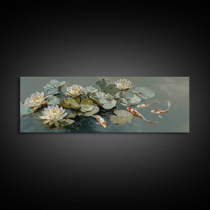 Lotus and Koi Water Scene Canvas Print, Yoga Studio Art, Boho Wall Hanging, Yoga Studio Decor, Fine Art, Balance, YSA-3x1-14