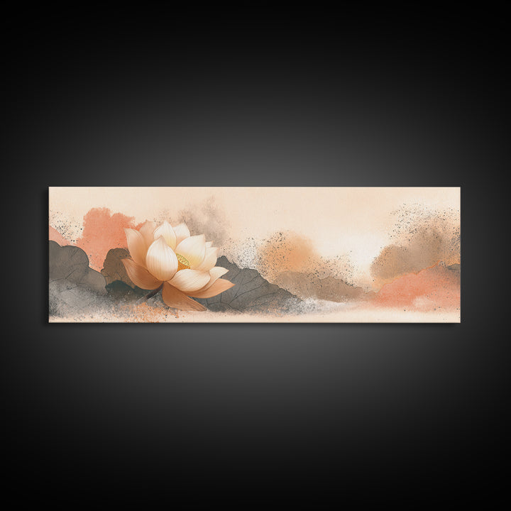 Lotus Flower with Soft Golden Glow Framed Canvas Print, Yoga Studio Art, Wall Art Print, Yoga Studio Decor, Fine Art, Balance, YSA-3x1-67