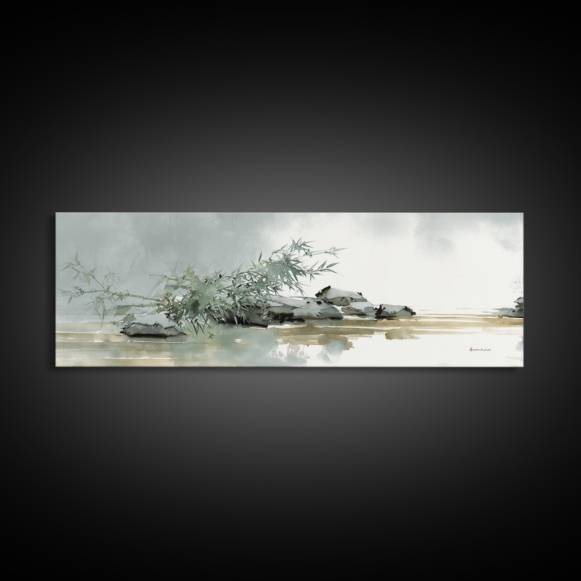 Bamboo and Mist Ink Wash Composition Framed Canvas Print, Yoga Studio Art, Nature Prints, Yoga Studio Decor, Oil Painting, YSA-3x1-74