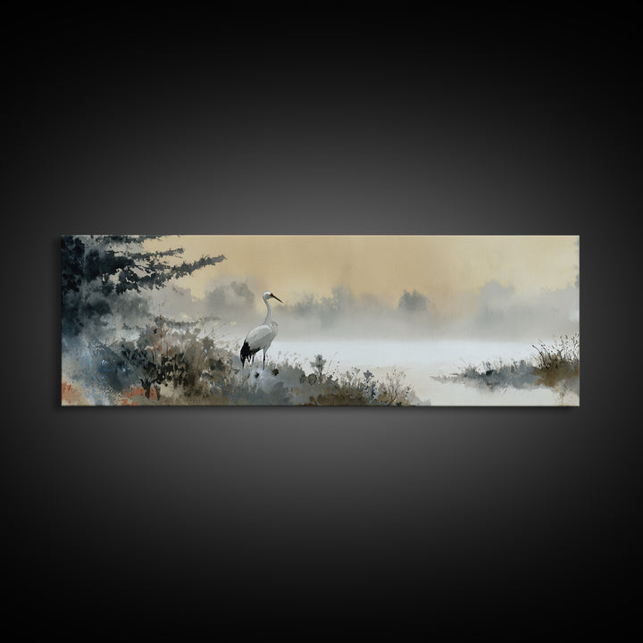 White Crane in Misty Morning Framed Canvas Print, Yoga Studio Art, Minimalist Wall Art, Yoga Studio Decor, Oil Painting, YSA-3x1-79