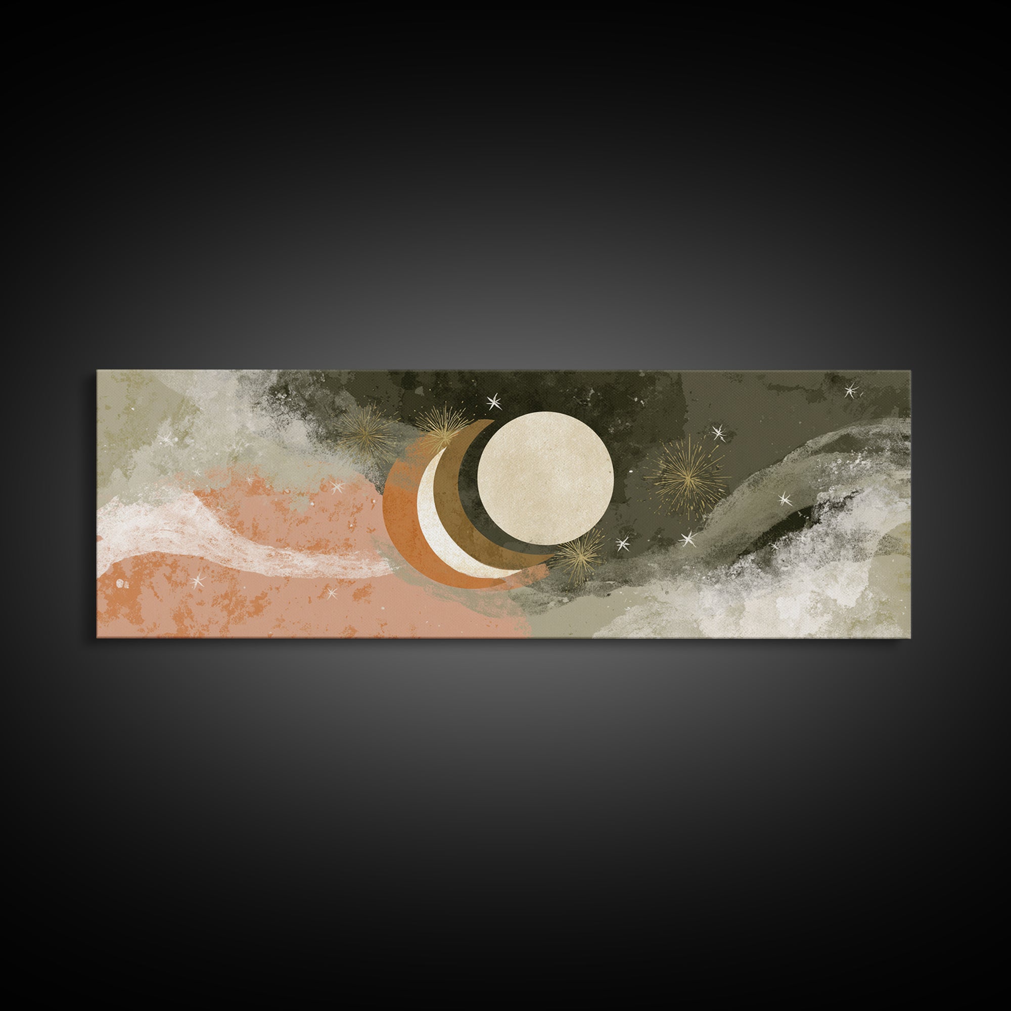 Crescent Moon and Stars Framed Canvas Print, Yoga Studio Art, Metal Wall Decor, Yoga Studio Decor, Fine Art, Balance, YSA-3x1-82