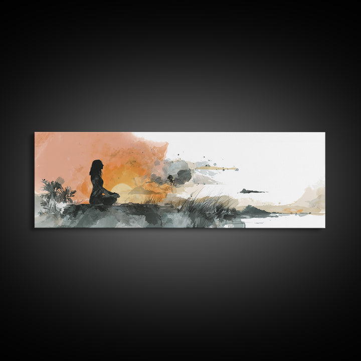 Seated Meditation Figure Framed Canvas Print, Yoga Studio Art, Boho Wall Hanging, Yoga Studio Decor, Fine Art, Balance, YSA-3x1-89