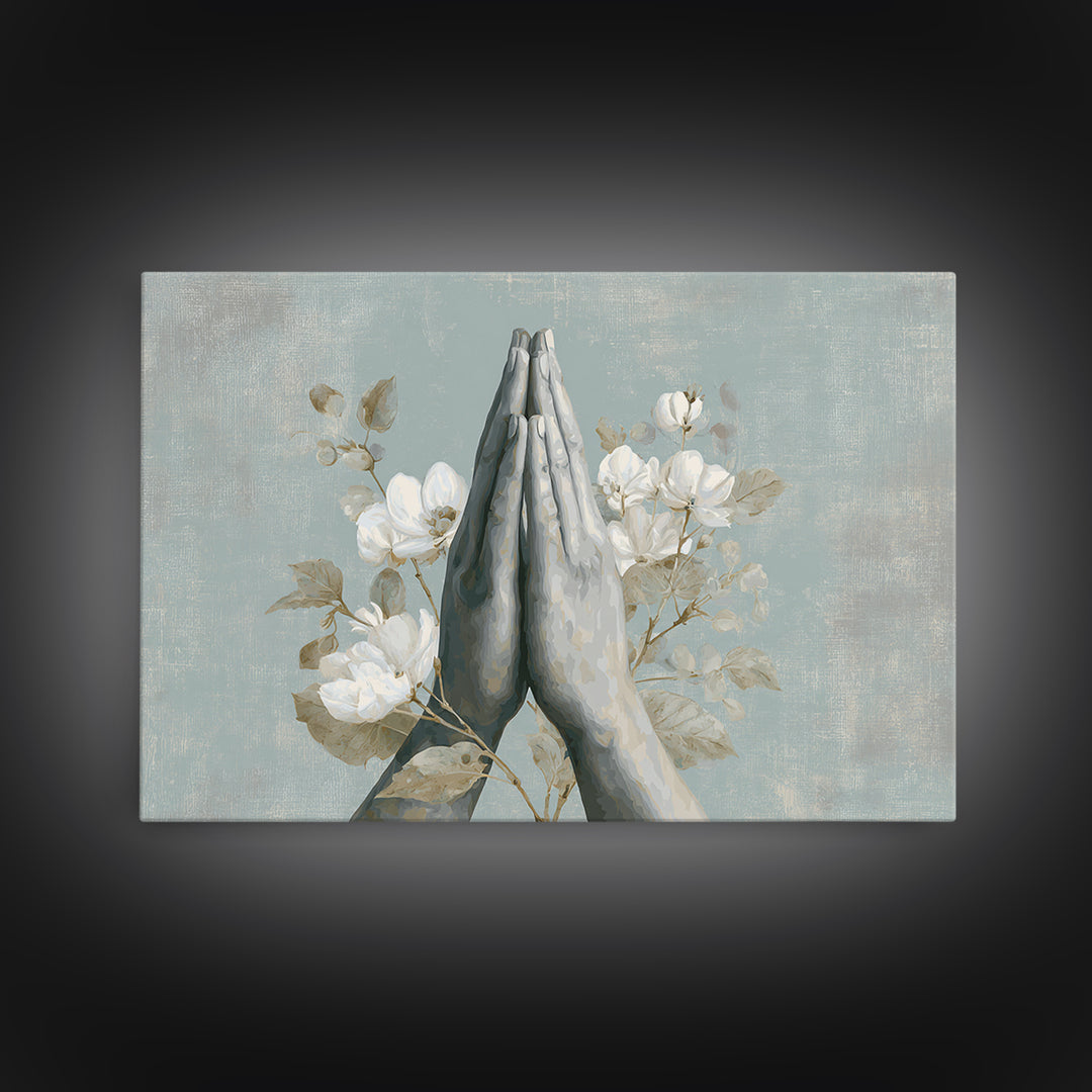 Yoga Hands in Prayer with Small Flowers Canvas Print, Yoga Studio Art, Living Room Wall Art, Yoga Studio Decor, Balance, YSA-3x2-15