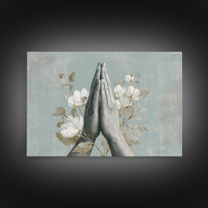 Yoga Hands in Prayer with Small Flowers Canvas Print, Yoga Studio Art, Living Room Wall Art, Yoga Studio Decor, Balance, YSA-3x2-15