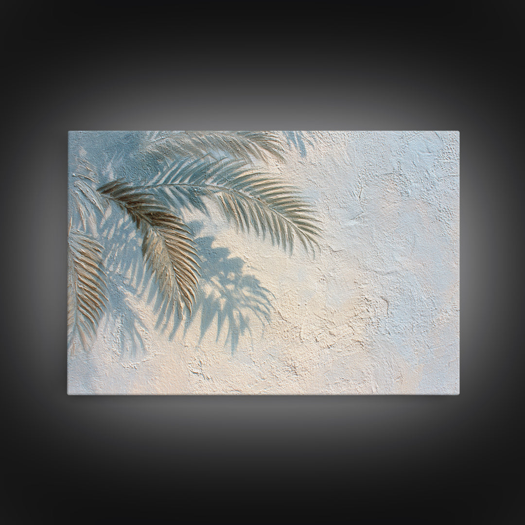 Gentle Palm Leaf Shadow on Plaster Framed Canvas Print, Yoga Studio Art, Minimalist Wall Art, Yoga Studio Decor, Balance, YSA-3x2-28