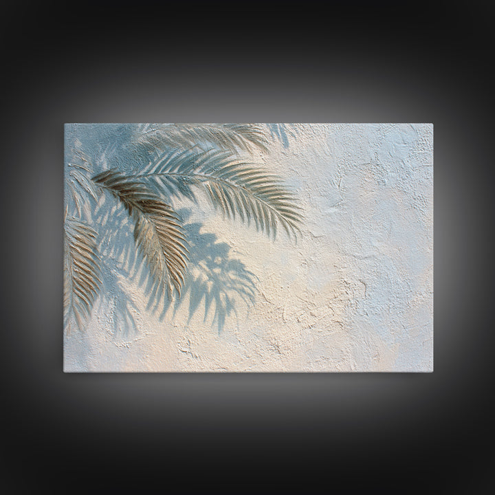 Gentle Palm Leaf Shadow on Plaster Framed Canvas Print, Yoga Studio Art, Minimalist Wall Art, Yoga Studio Decor, Balance, YSA-3x2-28