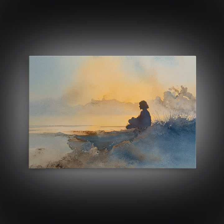 Soft Watercolor Aura Around Seated Figure Canvas Print, Yoga Studio Art, Custom Wall Art, Yoga Studio Decor, Fine Art, Balance, YSA-3x2-3
