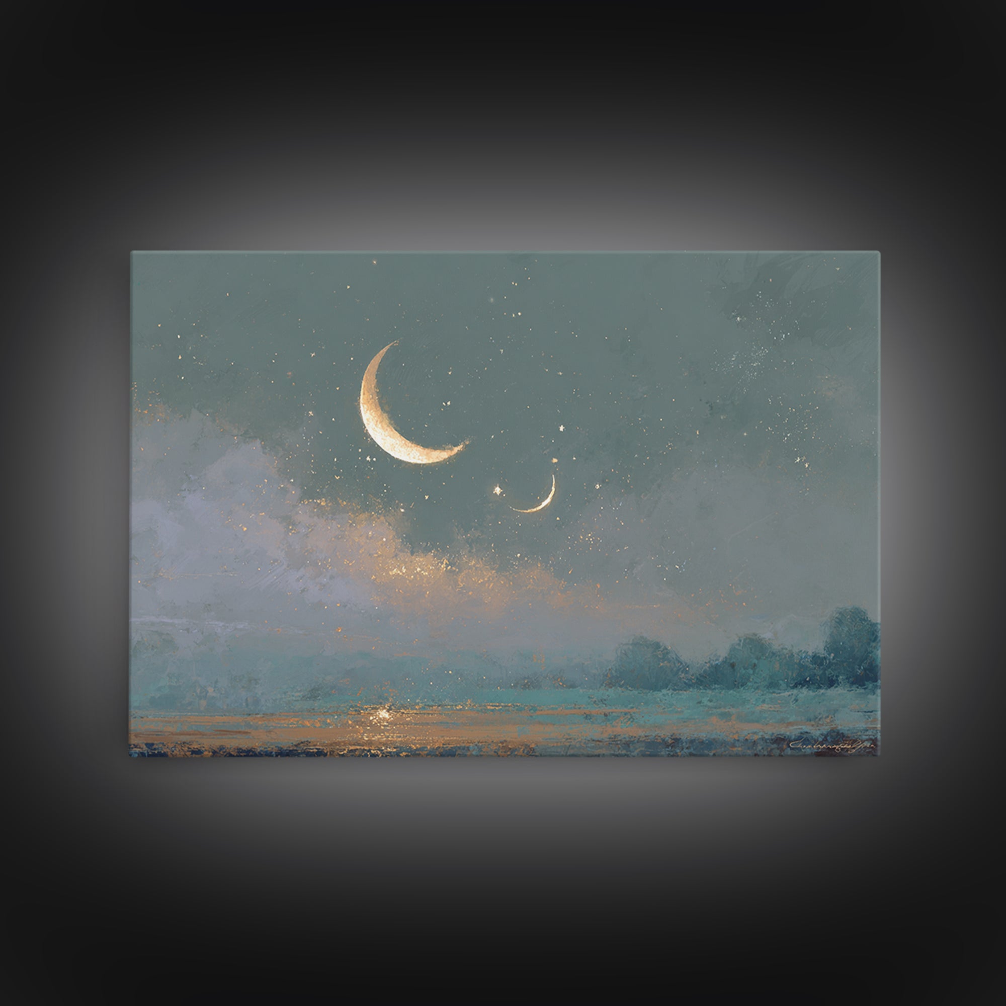Crescent Moon and Stars Framed Canvas Print, Yoga Studio Art, Large Wall Decor, Yoga Studio Decor, Fine Art, Balance, YSA-3x2-46