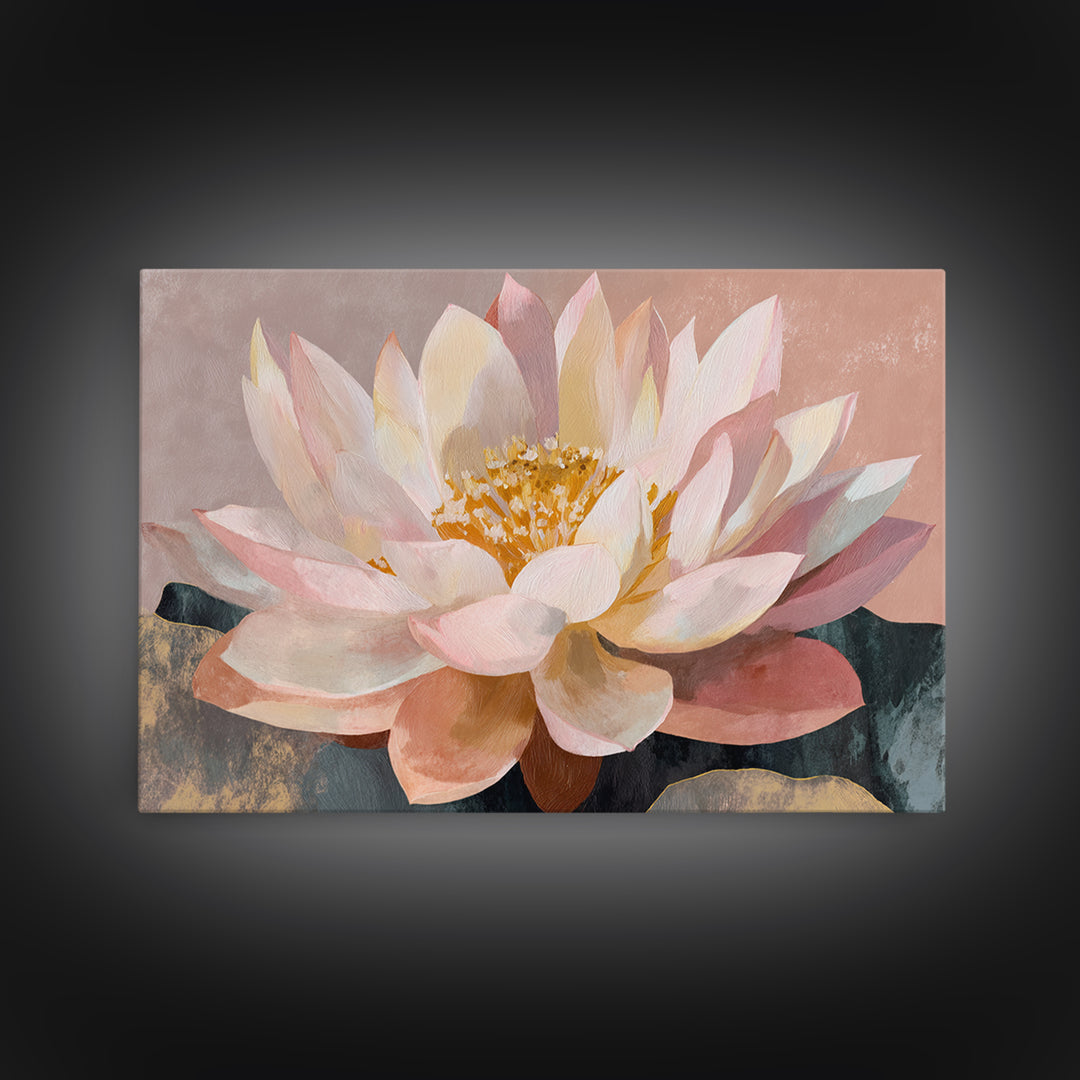 Lotus Flower with Soft Golden Glow Framed Canvas Print, Yoga Studio Art, Yoga Studio Decor, Watercolor Art, Balance, YSA-3x2-55