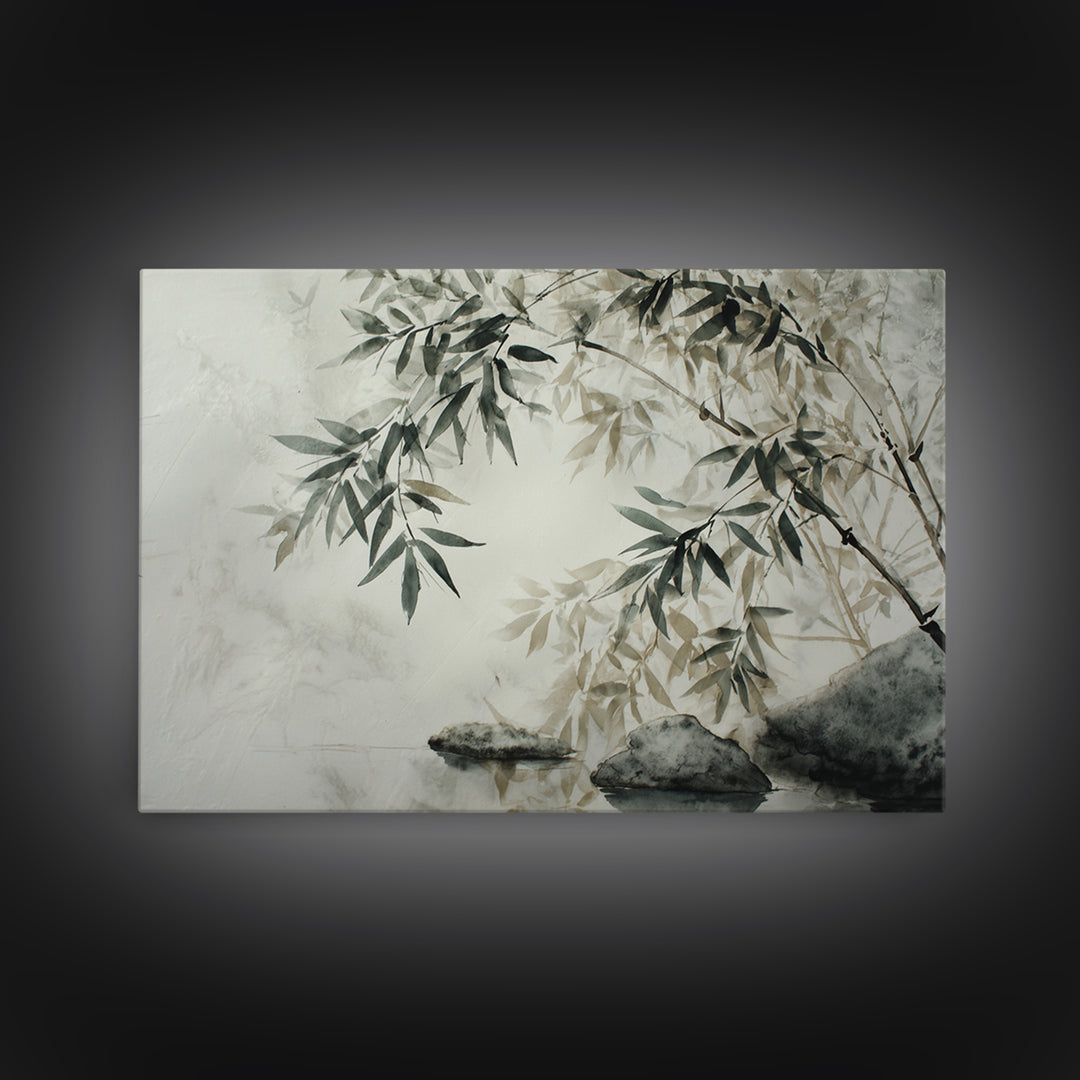 Bamboo and Mist Ink Wash Composition Canvas Print, Yoga Studio Art, Metal Wall Decor, Yoga Studio Decor, Fine Art, Balance, YSA-3x2-62