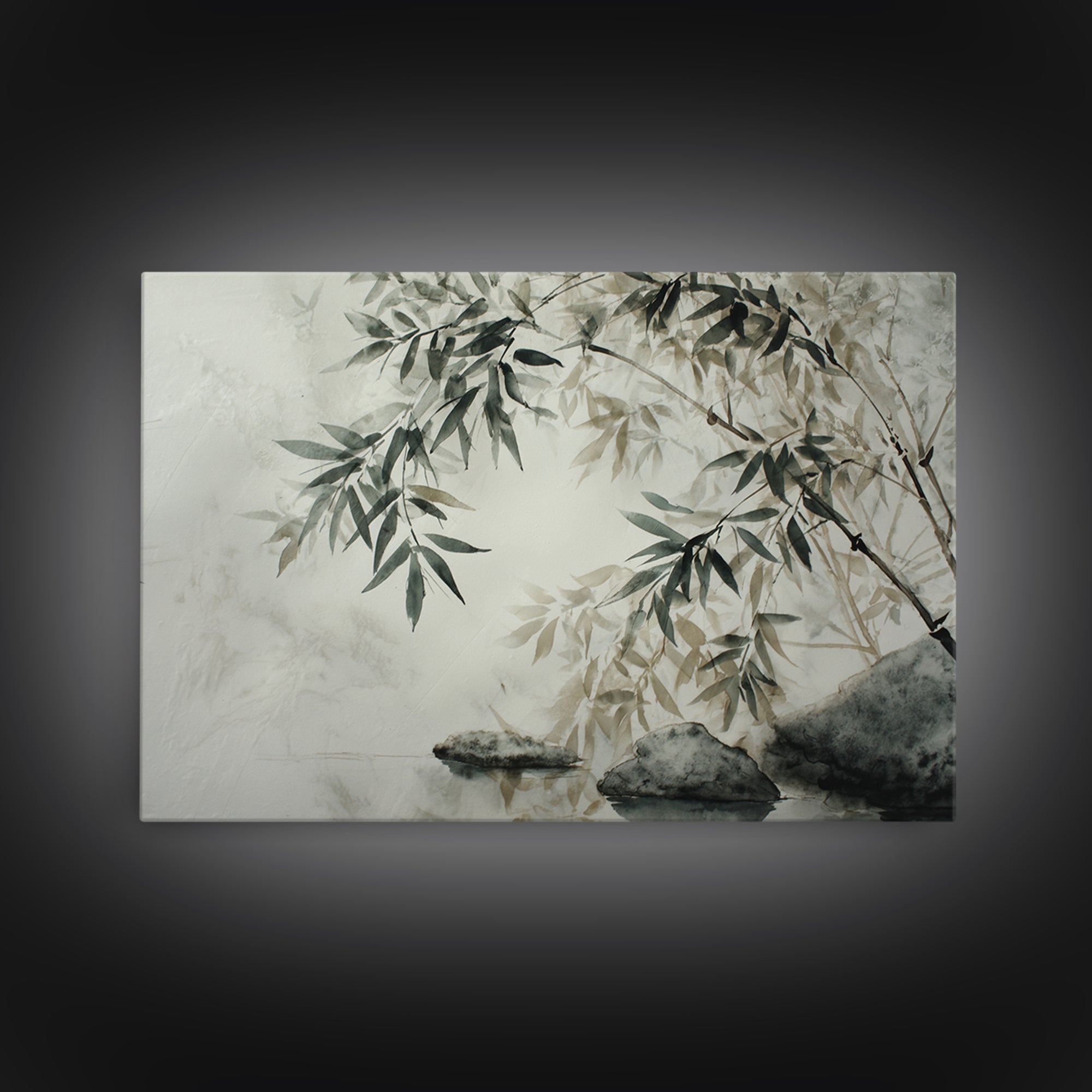 Bamboo and Mist Ink Wash Composition Canvas Print, Yoga Studio Art, Metal Wall Decor, Yoga Studio Decor, Fine Art, Balance, YSA-3x2-62
