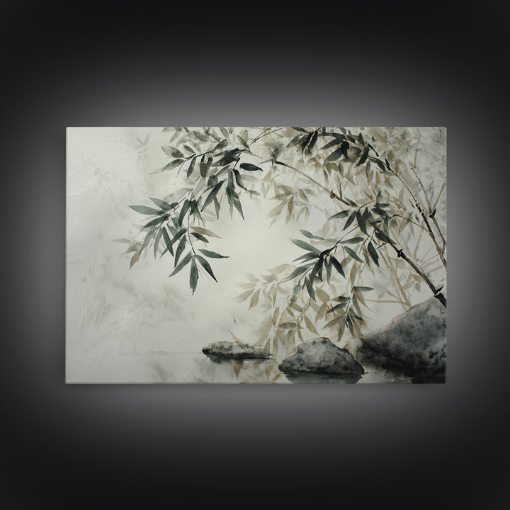 Bamboo and Mist Ink Wash Composition Canvas Print, Yoga Studio Art, Metal Wall Decor, Yoga Studio Decor, Fine Art, Balance, YSA-3x2-62
