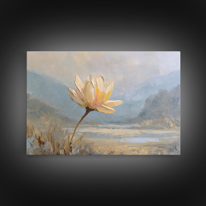 Lotus Flower with Soft Golden Glow Framed Canvas Print, Yoga Studio Art, Feminine Wall Art, Yoga Studio Decor, Watercolor Art, YSA-3x2-79