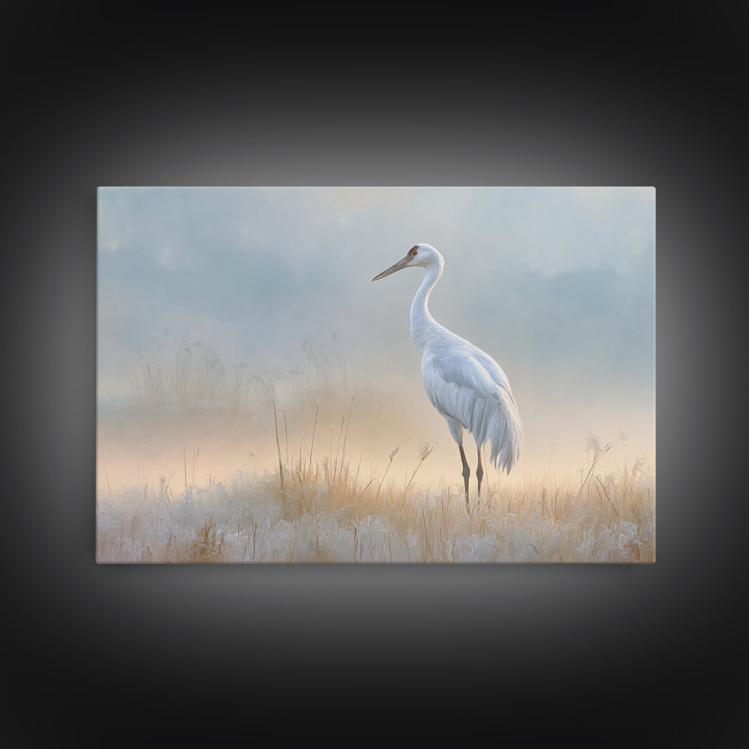 White Crane in Misty Morning Framed Canvas Print, Yoga Studio Art, Art Print, Yoga Studio Decor, Oil Painting, Balance, YSA-3x2-91
