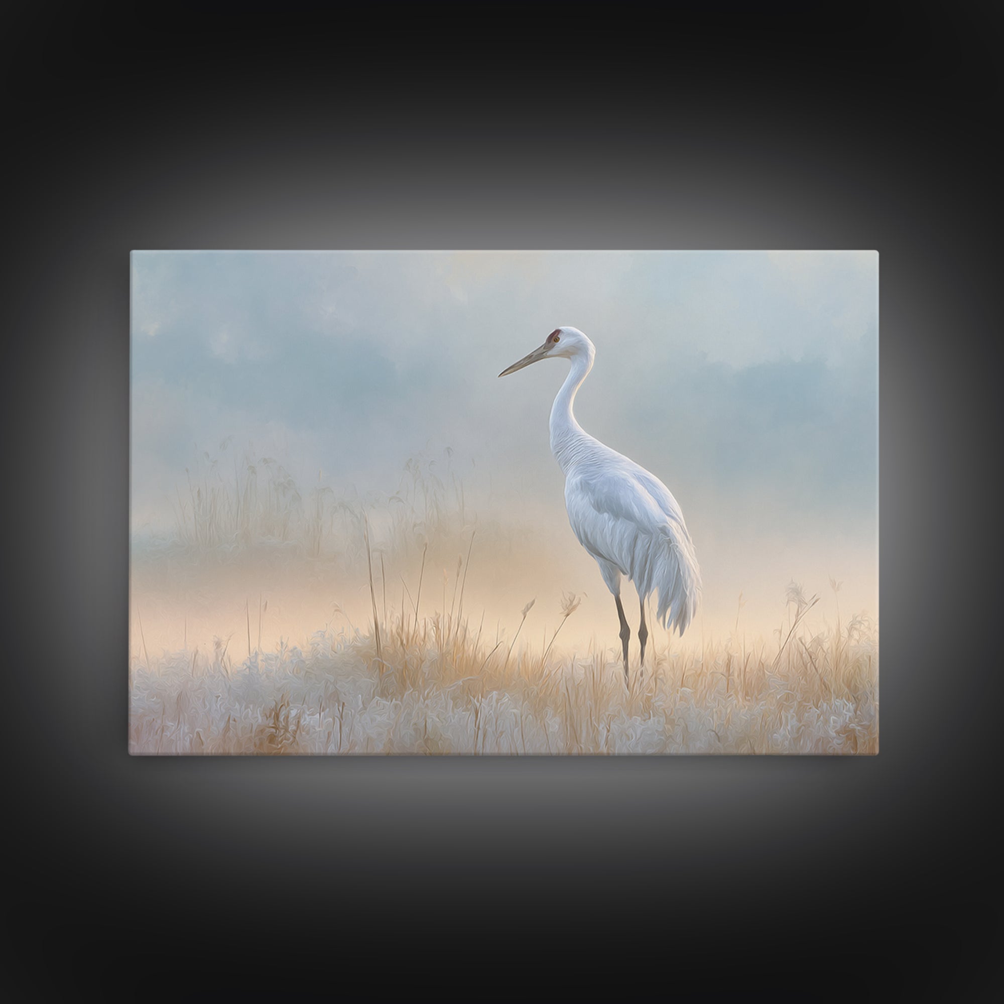 White Crane in Misty Morning Framed Canvas Print, Yoga Studio Art, Art Print, Yoga Studio Decor, Oil Painting, Balance, YSA-3x2-91