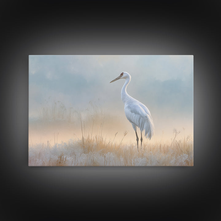 White Crane in Misty Morning Framed Canvas Print, Yoga Studio Art, Art Print, Yoga Studio Decor, Oil Painting, Balance, YSA-3x2-91