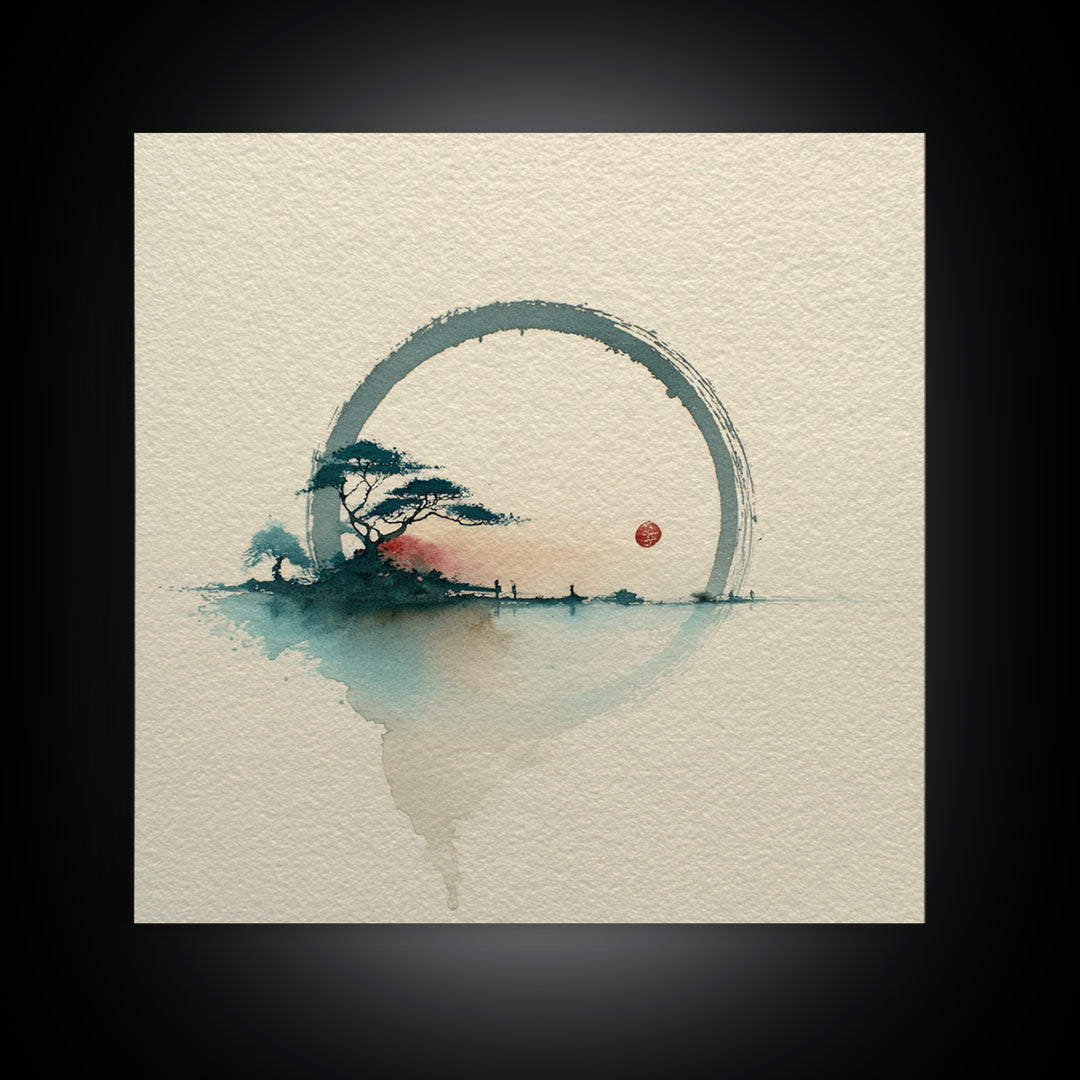Single Black Ens Circle on Warm Paper Canvas Print, Zen Art, Art, Living Room Decor, Zen, Garden Art, Japanese Wall Art, ZEN-1x1-25