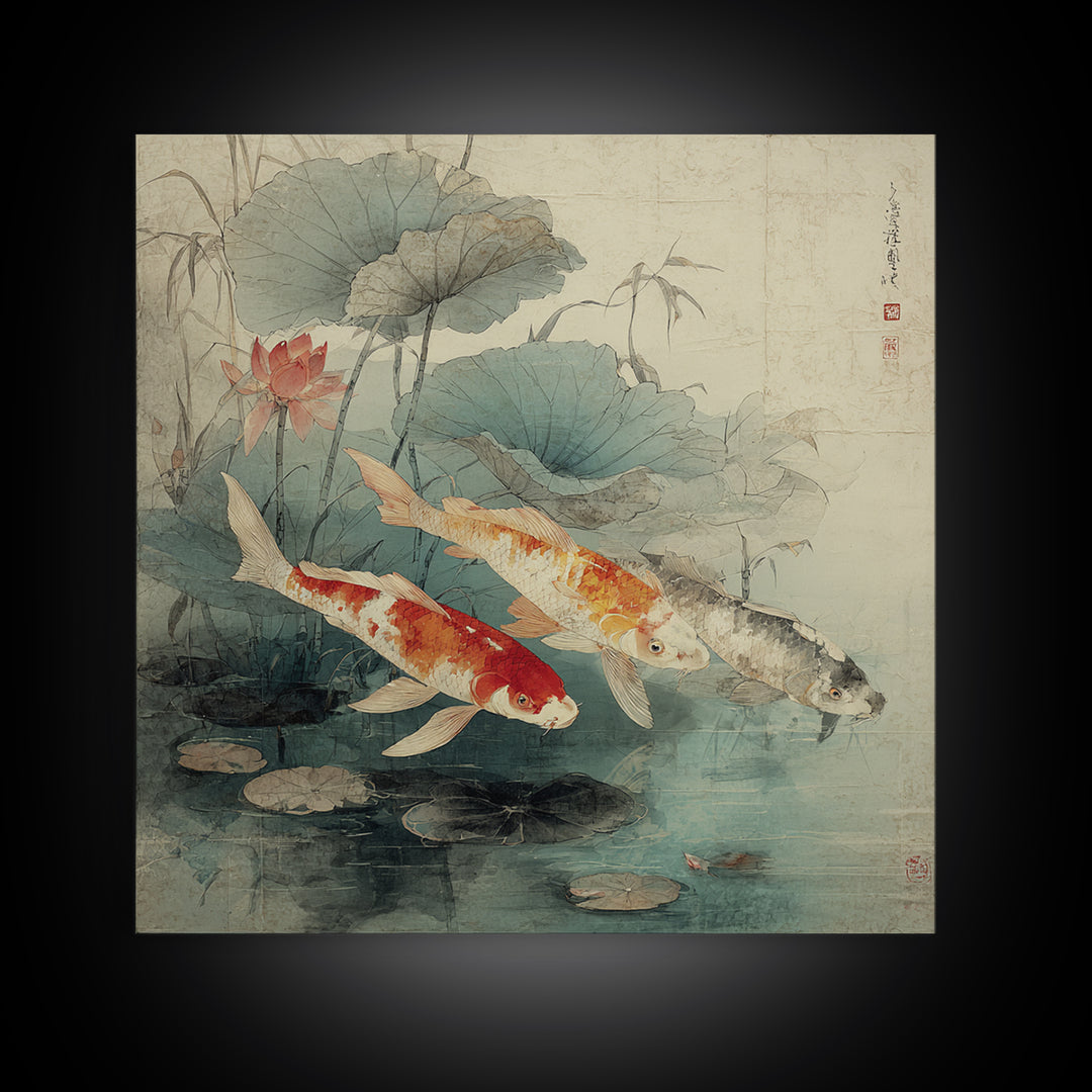 Koi Fish Beneath Floating Lotus Leaves Framed Canvas Print, Zen Art, Metal Wall Art, Living Room Decor, Oil Painting, Zen, ZEN-1x1-28